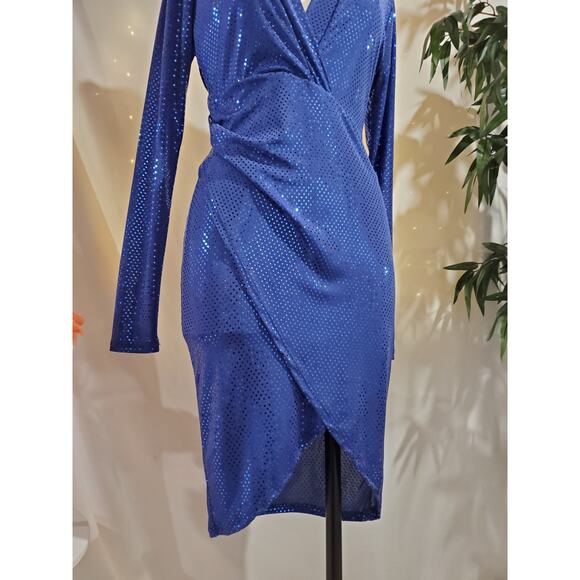 Symphony Vtg Y2K Mirror Sequin Sparkle Tulip Hem Faux Wrap Dress Size M Blue - Picture 6 of 10
